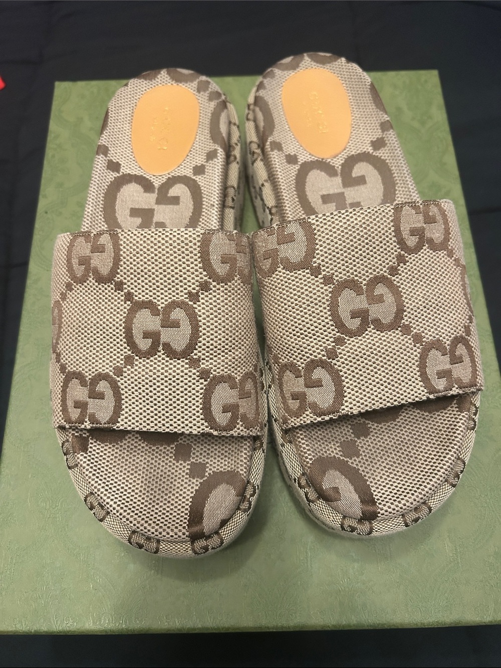 Gucci Tan & Beige GG Canvas Slide Sandals